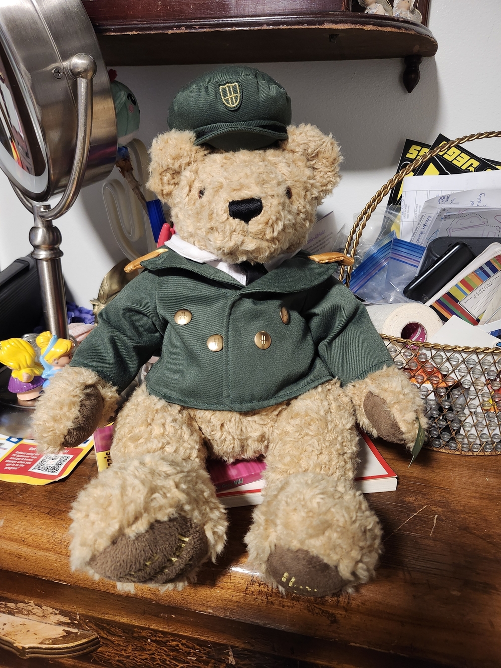 Harrods Tan Teddy Bear in Green Uniform with Cap